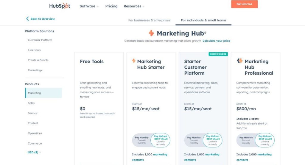 HubSpot Pricing Structures for individuals and small team