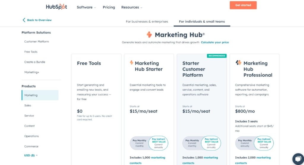 Pricing and Accessibility-HubSpot For individuals & small teams