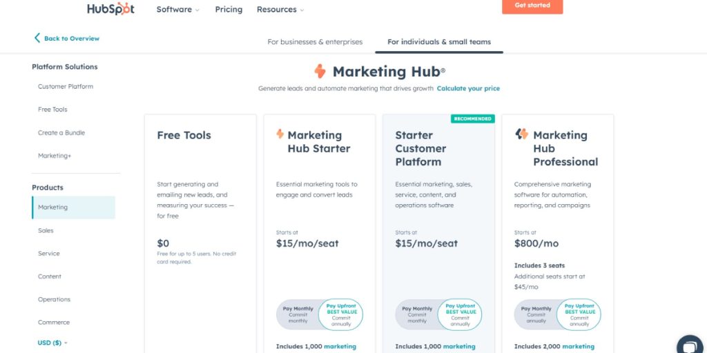 Pricing and Scalability-HubSpot For Individuals small teams